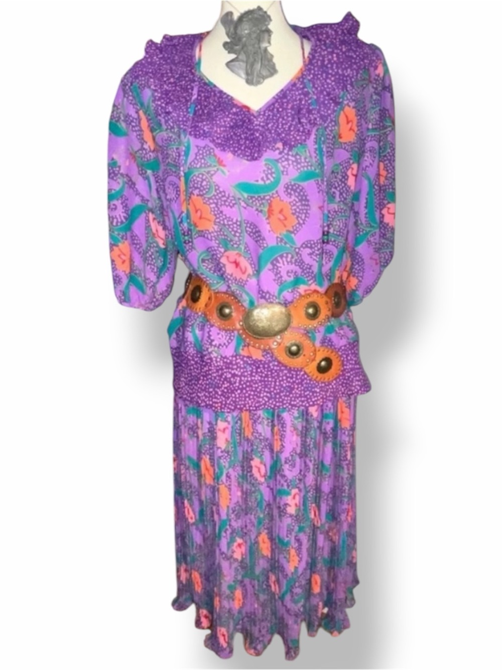 VTG Assorti Susan Freis Floral Gypsy Bohemian Top & Accordion Fold Skirt Set Med